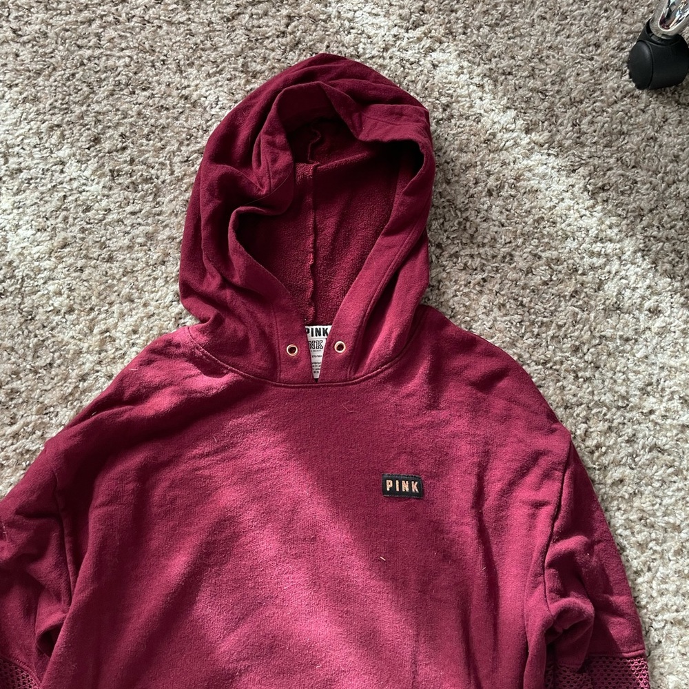 PINK Mesh Cutout Sleeve Crop Hoodie